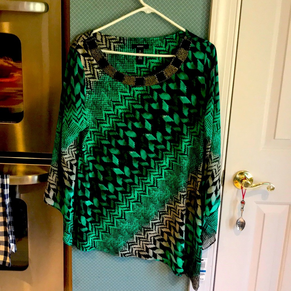 Alfa I green and black jeweled neck line blouse